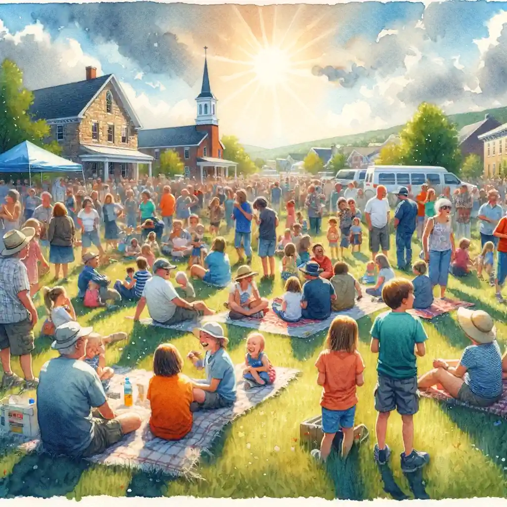 Community members gather on a sunny day for an outdoor event on a grassy field in Slippery Rock, Pennsylvania, with blankets and casual seating, enjoying each other's company amidst a backdrop of charming buildings