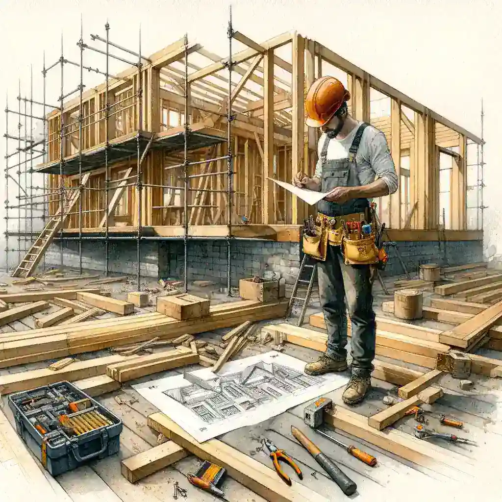 Construction worker reviewing construction cost estimates and blueprints at a building site.