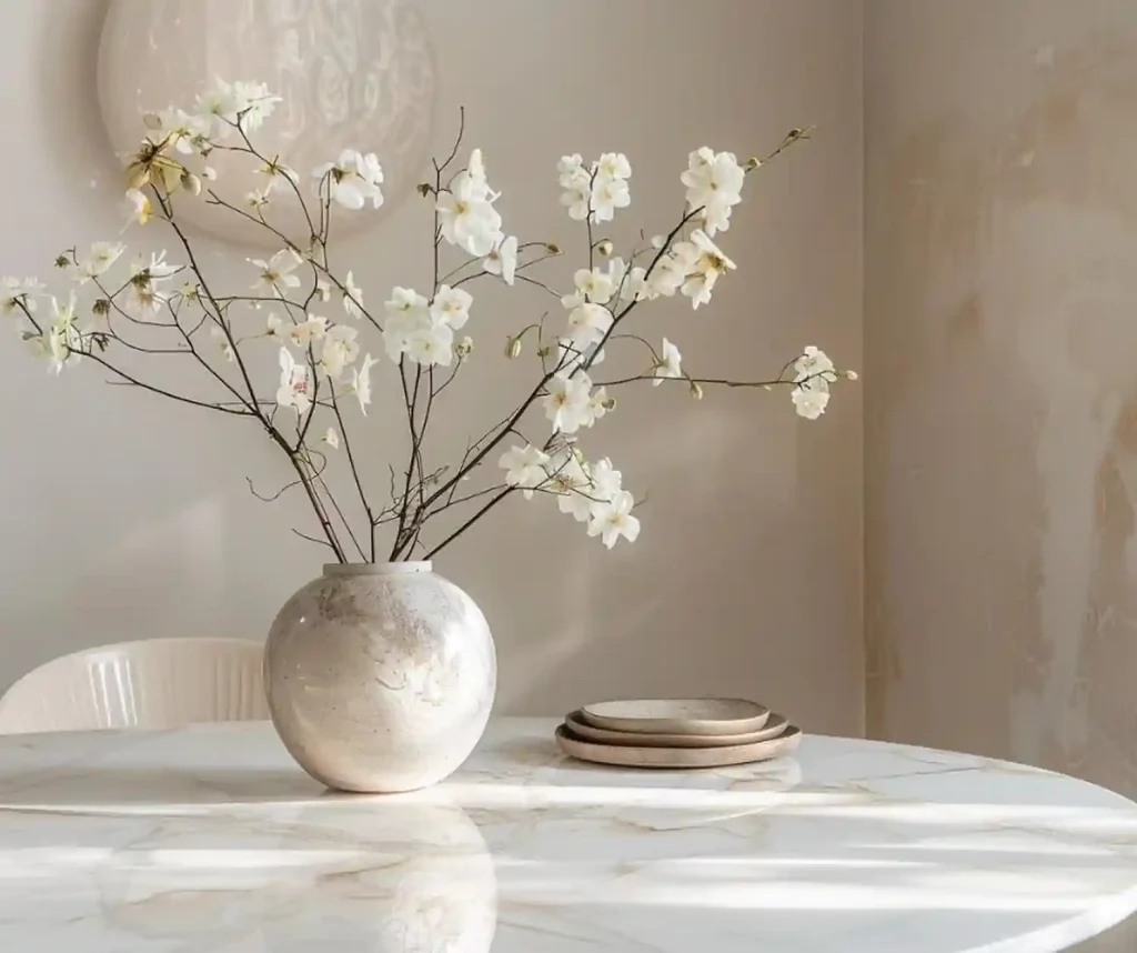 A vase with white flowers on a marble table, casting a soft shadow in a dining room with natural light.