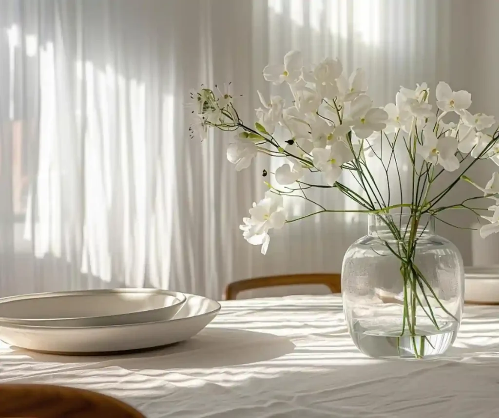 A serene staging of a dining room with sunlight filtering through sheer curtains onto a table with a vase of white flowers and empty plates.