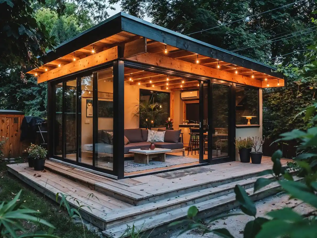 A modern backyard studio with large glass doors, interior lighting, and a wooden deck prepared for summer at dusk.