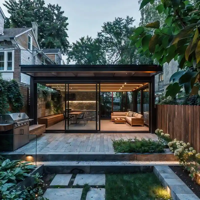 Modern backyard summer patio with glass enclosure and outdoor kitchen, surrounded by landscaped garden at dusk.