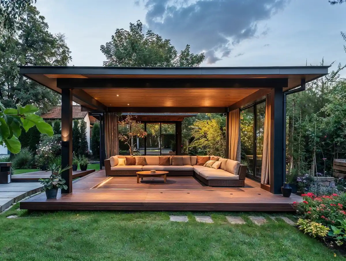 Modern outdoor pavilion with comfortable seating area at dusk, perfect for summer.