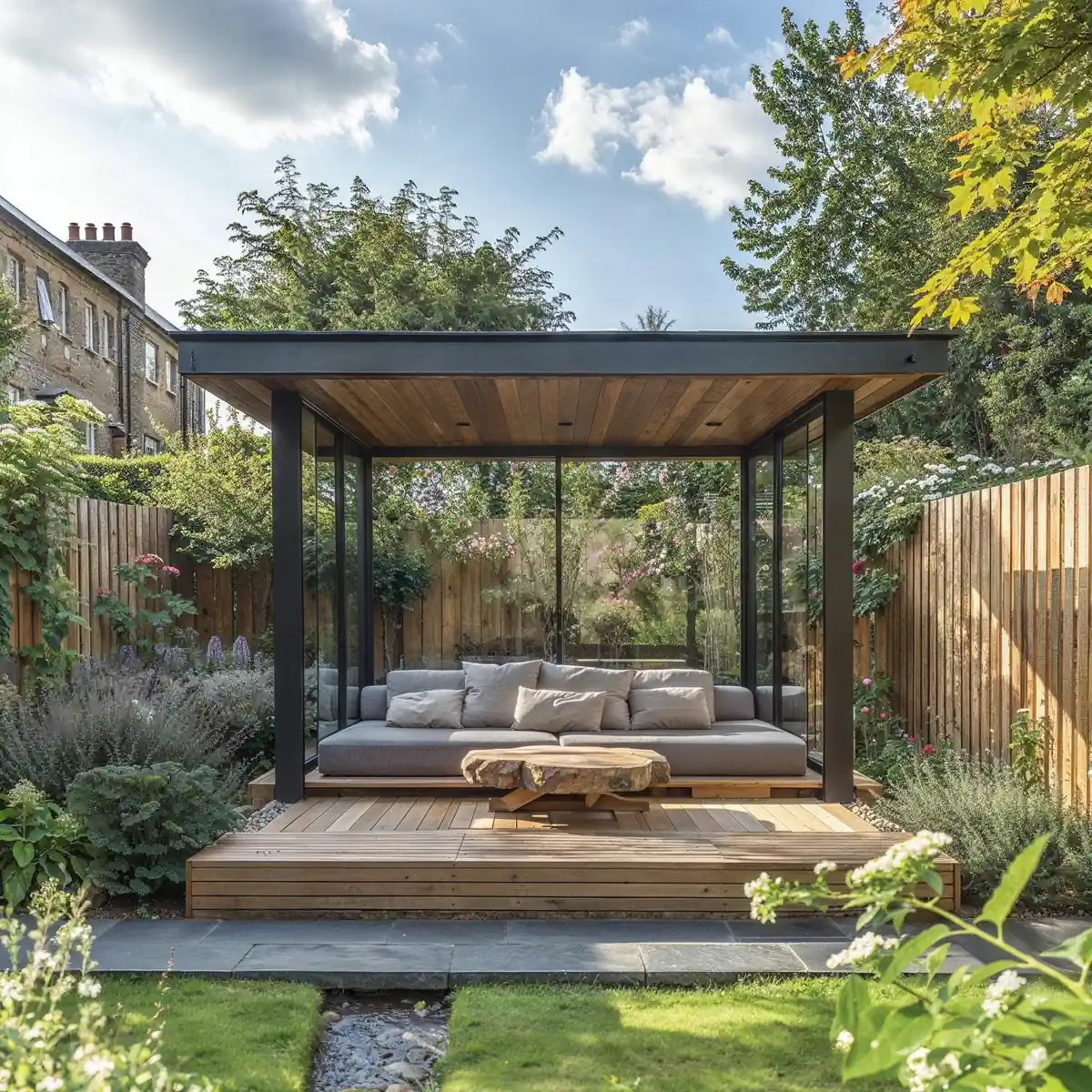 Modern garden pavilion with comfortable seating surrounded by lush greenery, perfect for summer patio ideas.