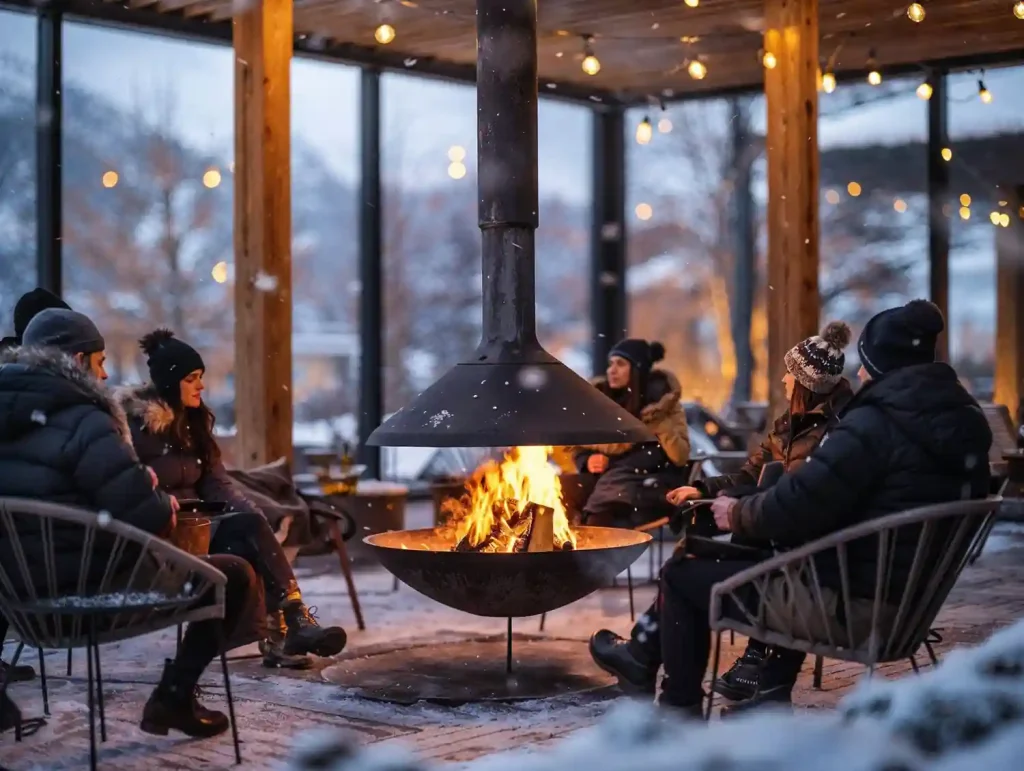 Group of people enjoying a warm fire from a free staging fireplace in an outdoor seating area during winter.