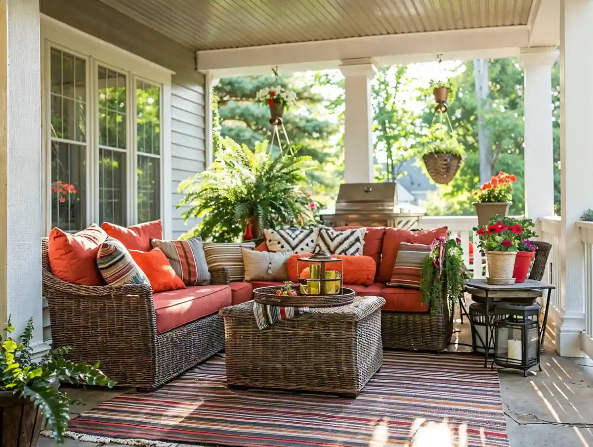 A cozy and inviting patio prepared for summer, furnished with a wicker sofa set adorned with red cushions, complemented by lush potted plants and a vibrant area rug.