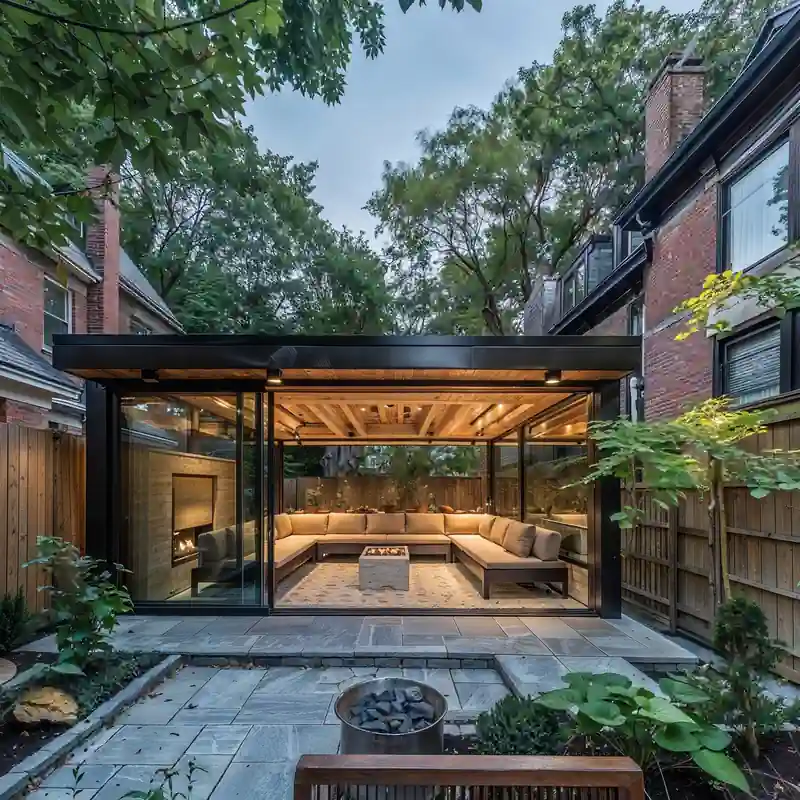 Modern outdoor patio area with a glass-roofed pergola, comfortable seating, and a fire pit, nestled between brick residential buildings, fully prepared for summer enjoyment.