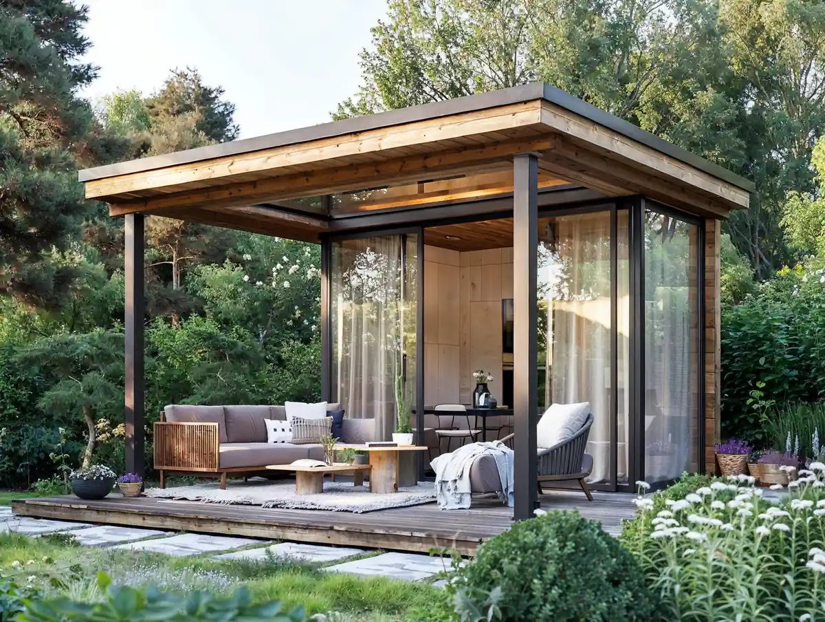 Prepare your modern garden pavilion with comfortable outdoor furniture surrounded by lush greenery for the summer.