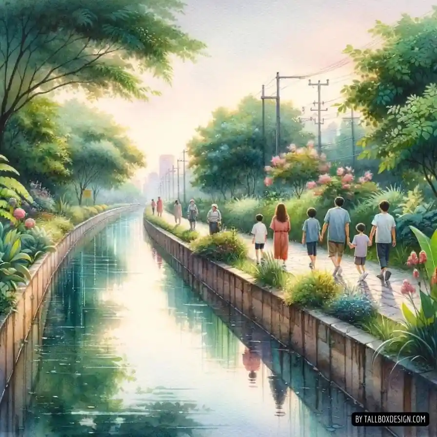 A painting of a family walking along a canal on a day out.