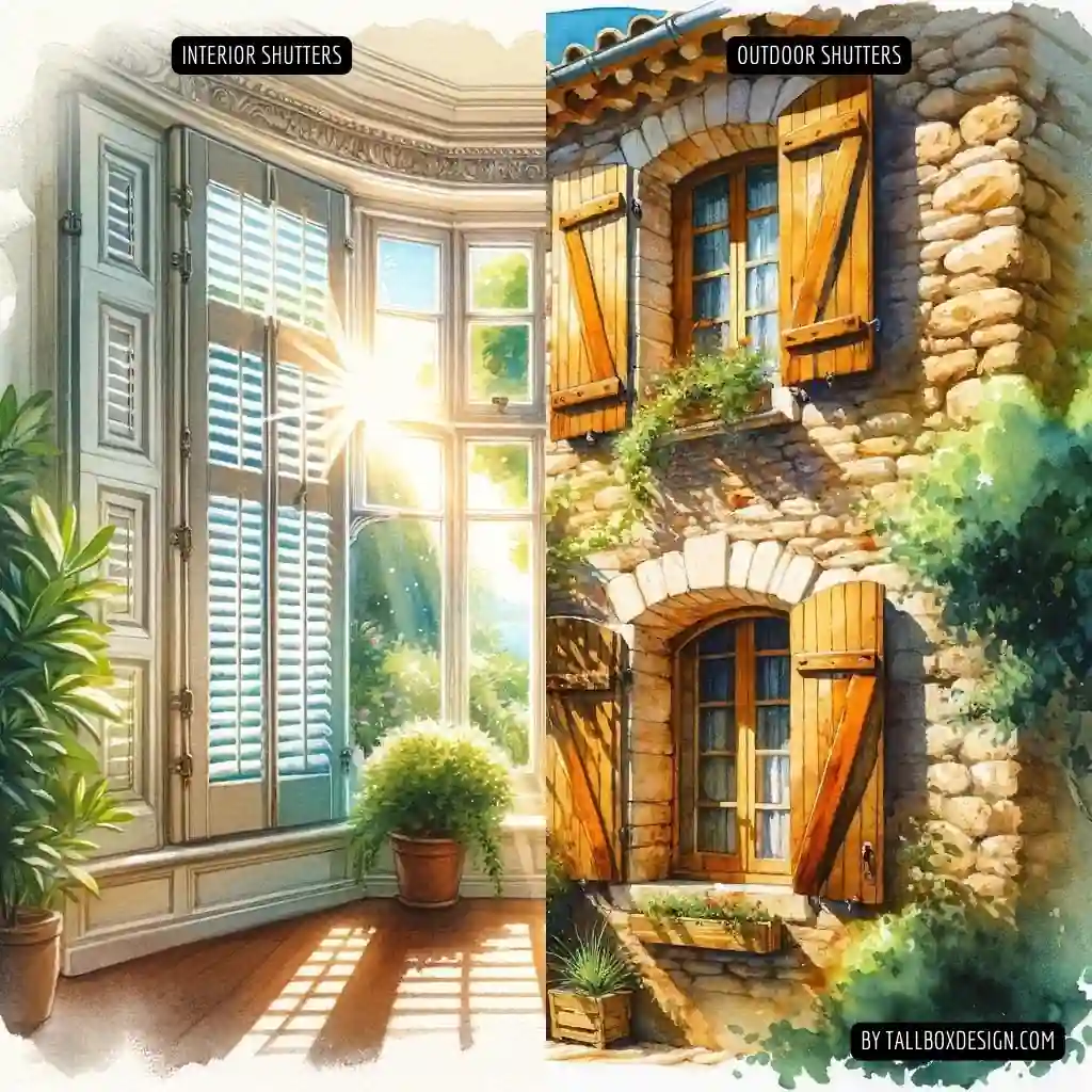 Comparison of interior and exterior plantation shutters showcasing sunlight filtering through.