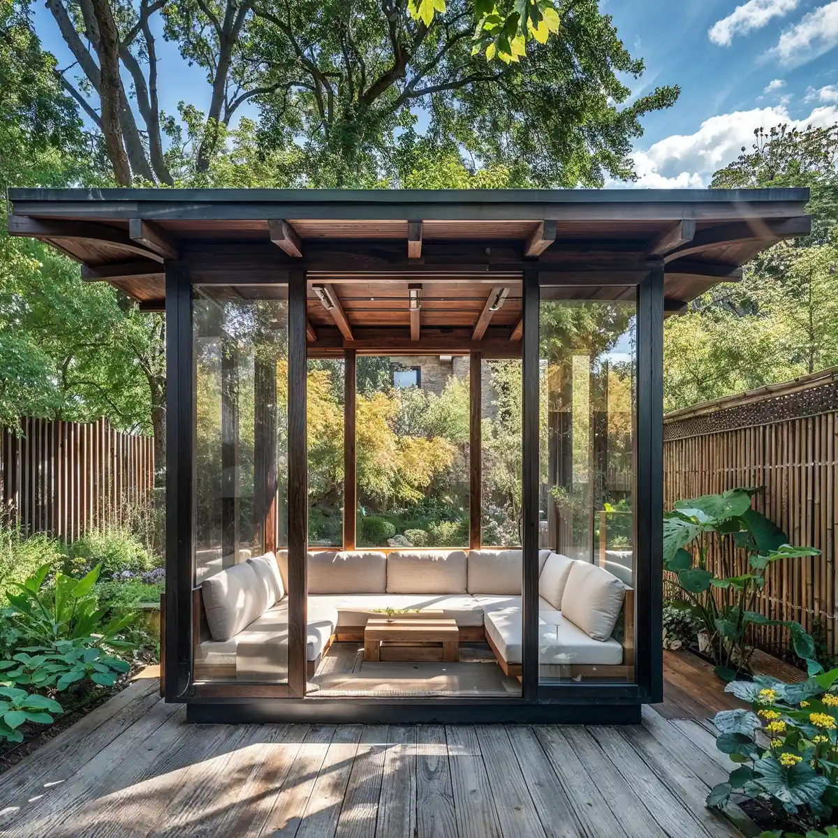 Modern summer garden pavilion with glass walls and a wooden frame, surrounded by lush greenery, ready to prepare your patio with vibrant ideas.