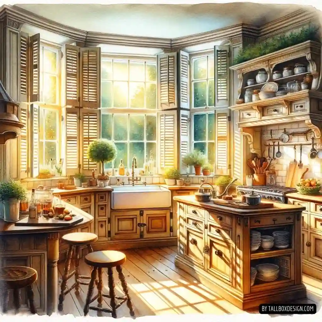 Sunlit, cozy kitchen interior with wood cabinetry, plantation shutters, and rustic decor.