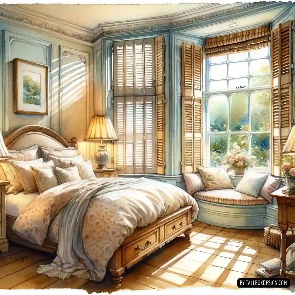 Sunlit cozy bedroom with an elegant vintage design and plantation shutters.