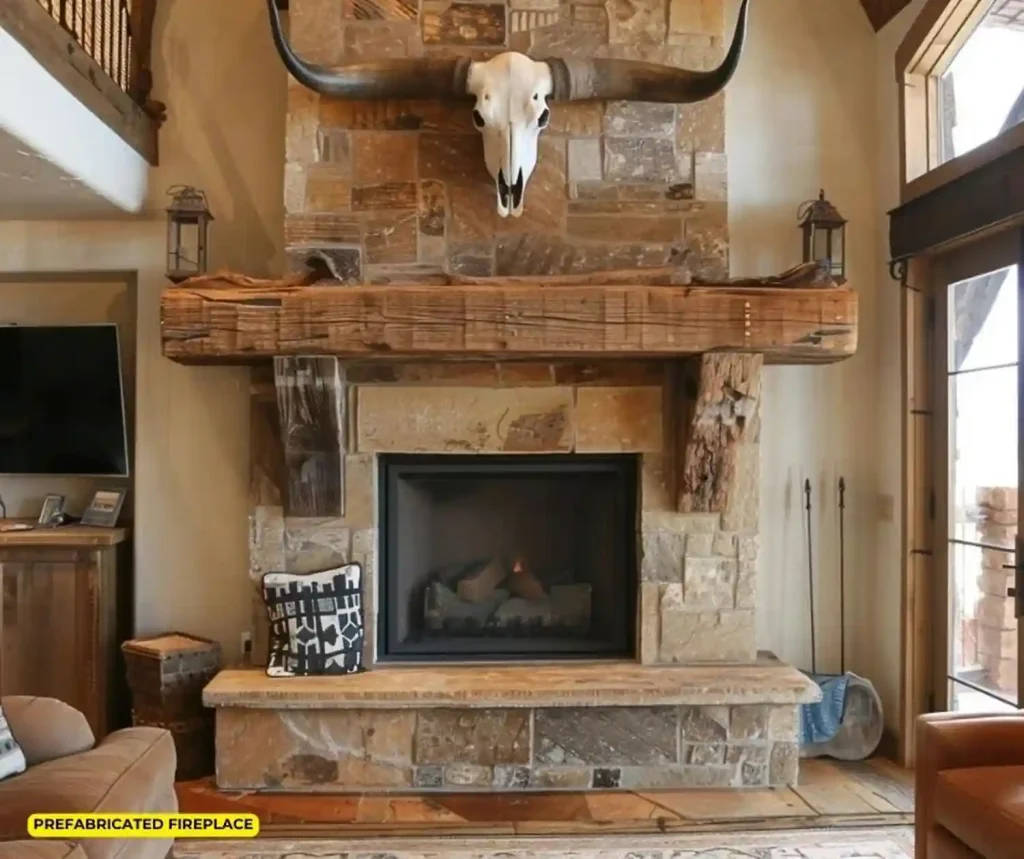 Rustic prefabricated stone fireplace with a wooden mantle.