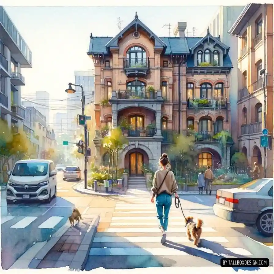 A woman walking a dog on the street, heading to a Short-Term Rented property.