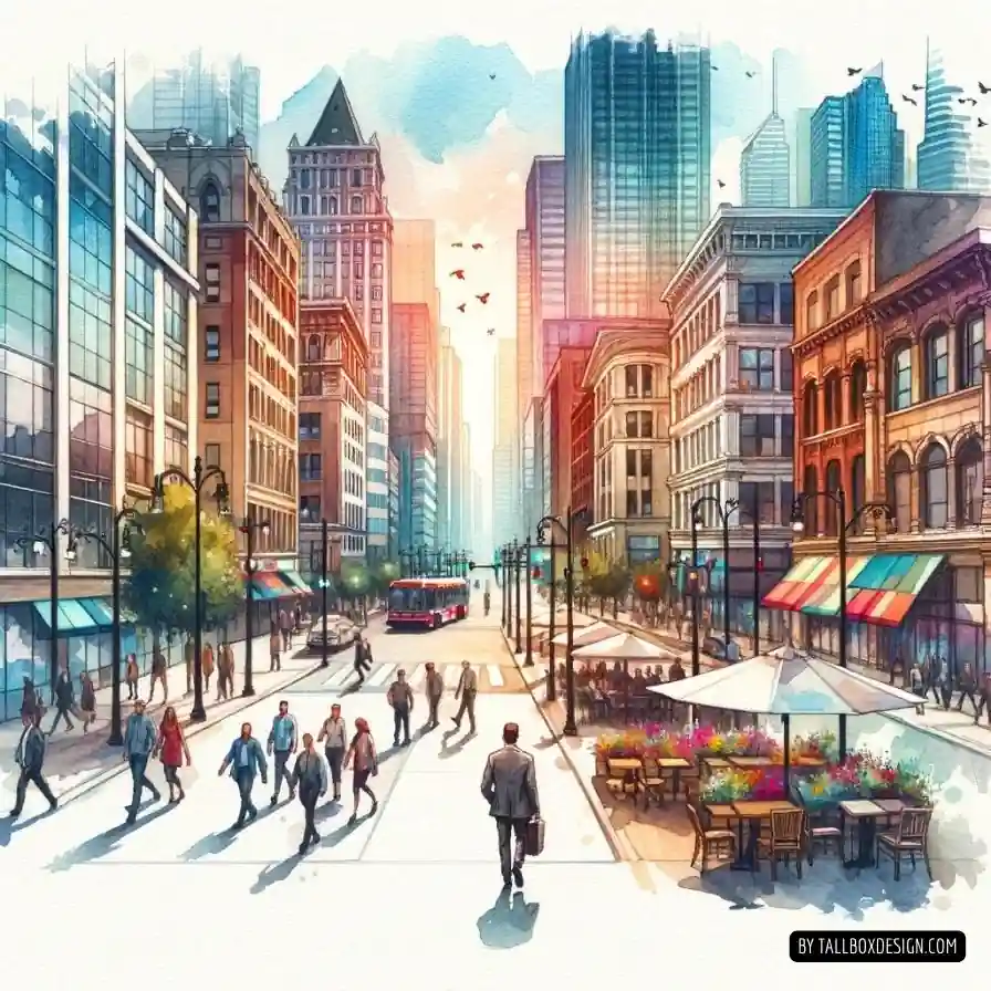 A watercolor painting of a city street bustling with people.