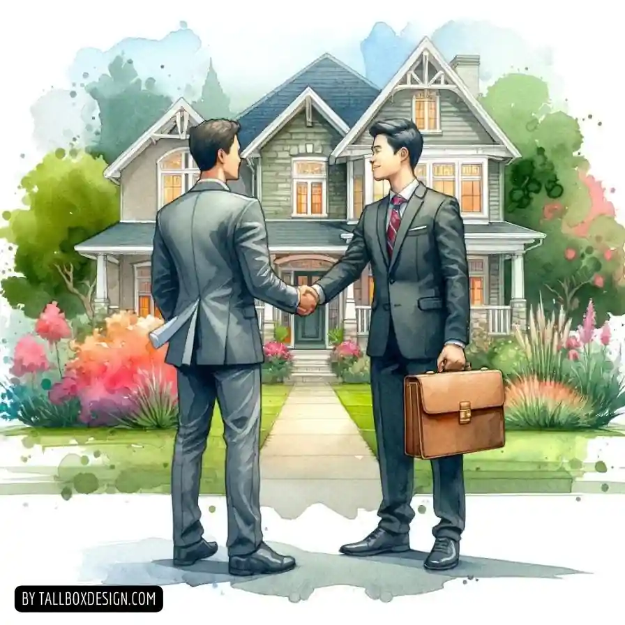 Two investors shake hands in front of a house.