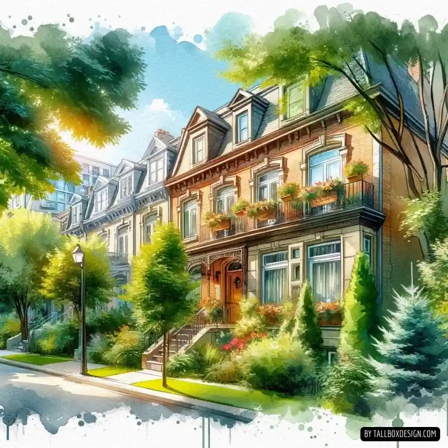 A row of houses with trees and bushes, attractive to investors looking to invest in short-term rentals.