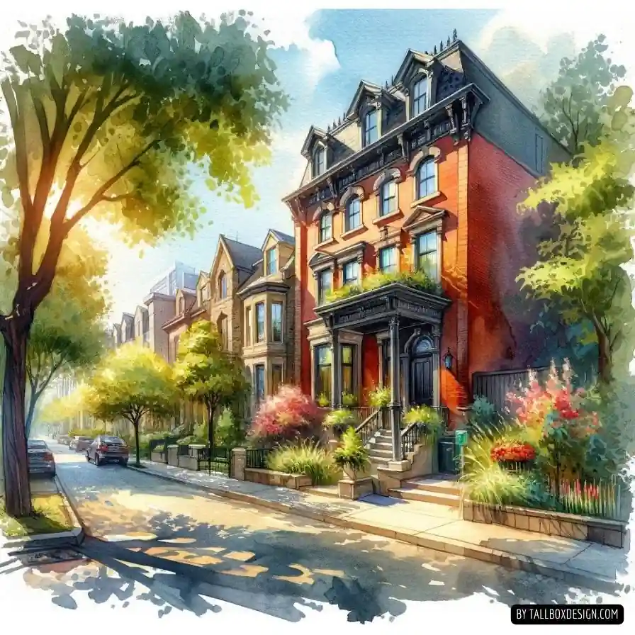 A watercolor painting of a house on a residential street, perfect for investors.