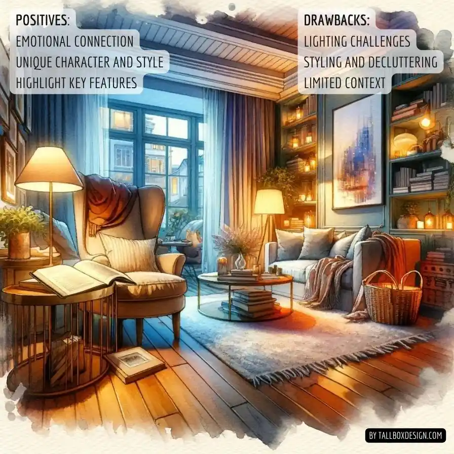 A room with a couch and a book, perfect for first-time homebuyers.