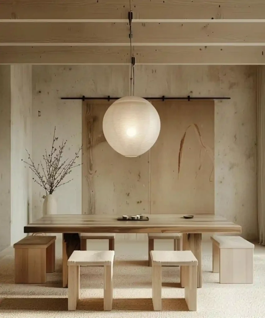 Minimalist dining room with beautiful wooden furniture and a spherical pendant light.