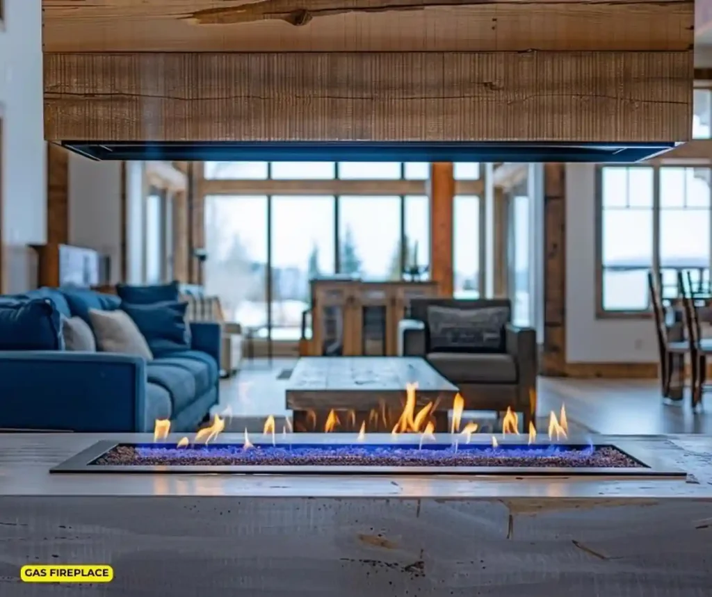 Modern interior with gas fireplace and a cozy living area in the background.