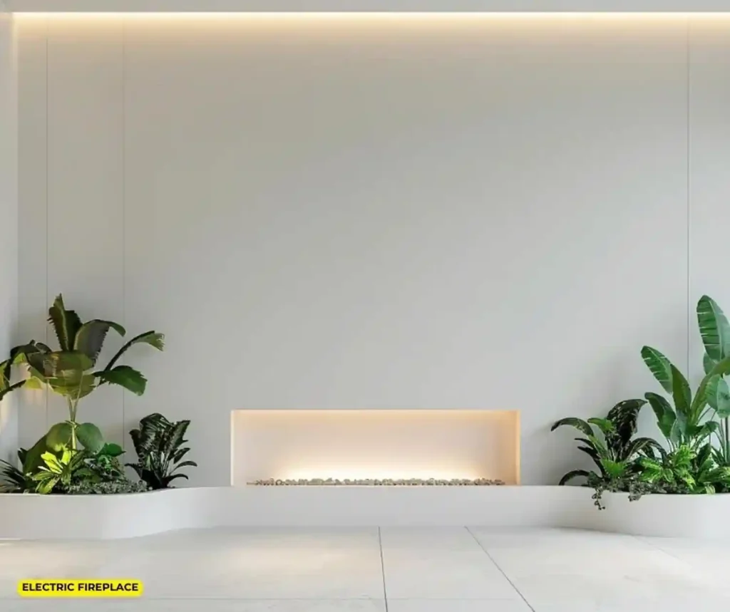 Minimalist living room with electric fireplace and potted plants.