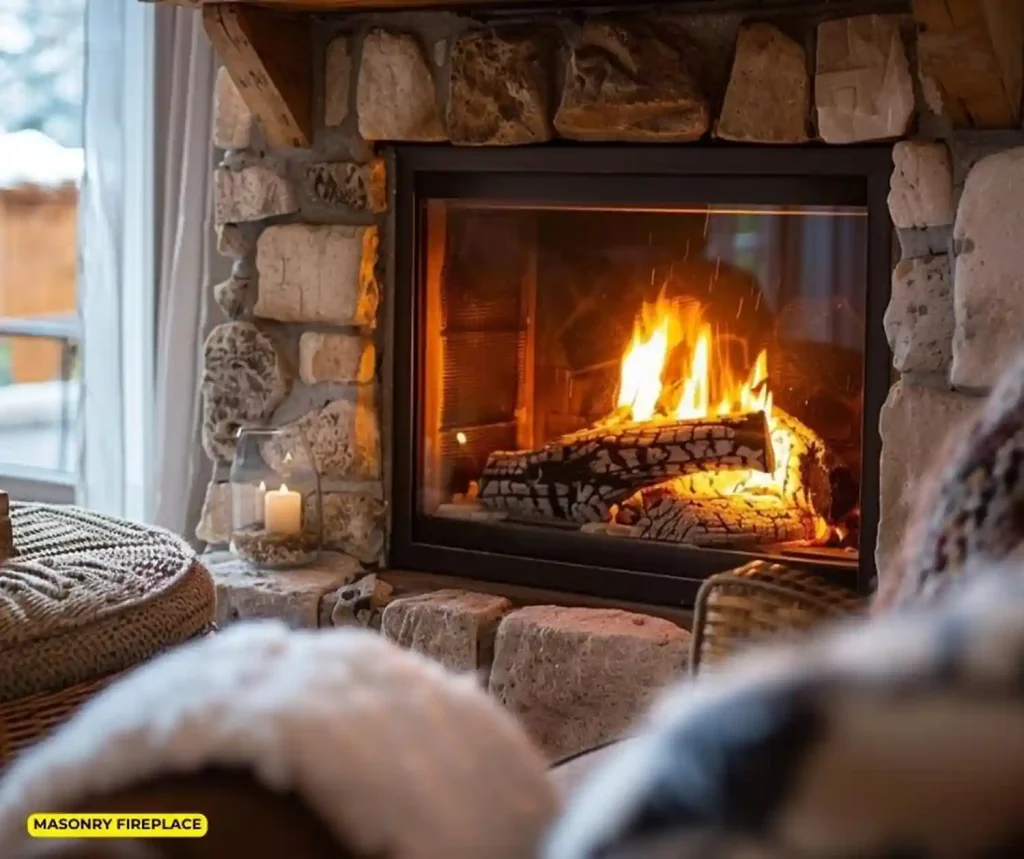 A cozy masonry fireplace with a warm fire burning, set in a room with soft lighting.
