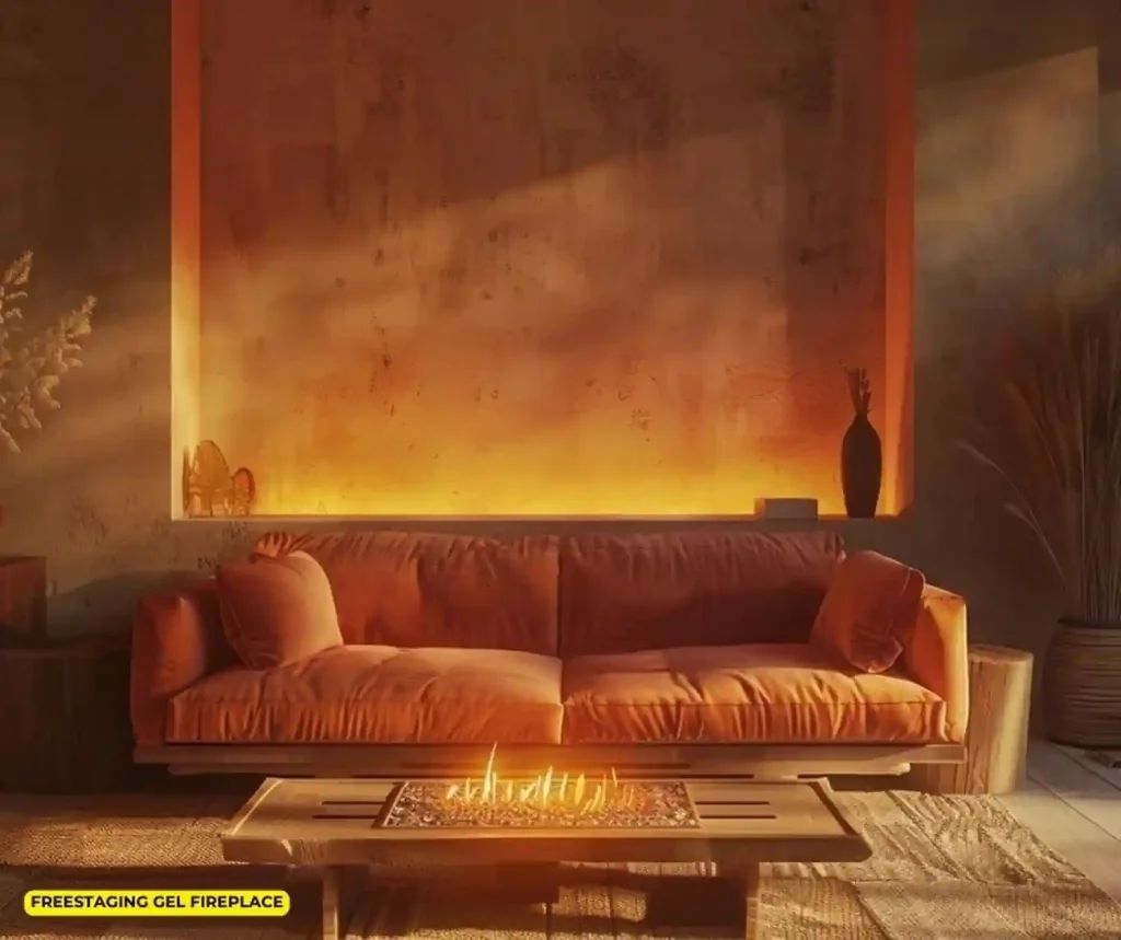 Cozy living room with a modern sofa with a freestanding gel fireplace insert, bathed in warm light.