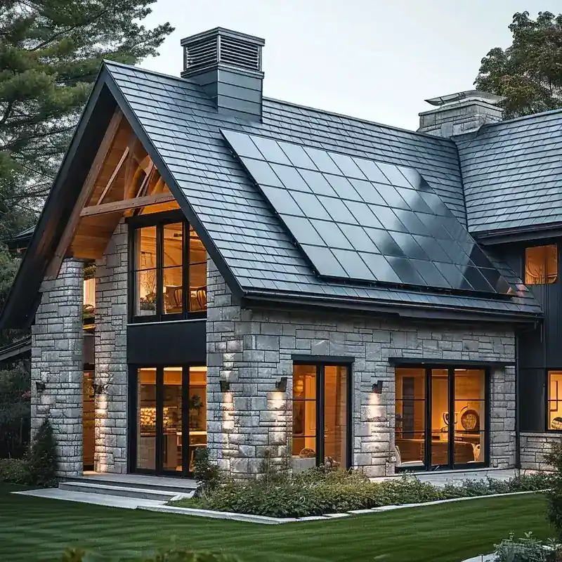 Modern stone house with large windows, heat pumps, illuminated interior at dusk, surrounded by manicured lawn and trees.