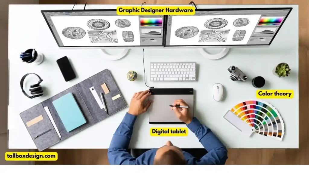 Graphic artist working on a dual monitor computer at its desks with color wheel next to him and a sketchbook.