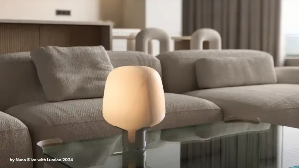 A modern living room featuring a soft brown sofa with textured pillows and a glass coffee table supporting a glowing spherical lamp, rendered using Lumion.