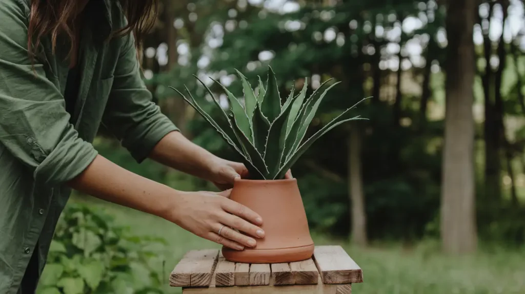 In 2025, a person places the best fake plant on a wooden table outdoors, seamlessly bringing a touch of the living room's charm to nature.