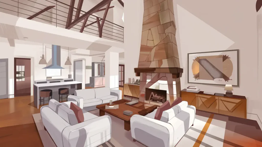 Spacious modern living room with white sofas, a tall stone fireplace, and a kitchen in the background, suitable for homes built within metal buildings.