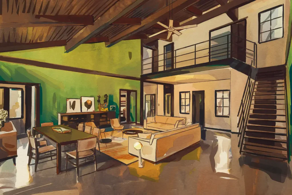 Illustration of a modern loft living space suitable for contemporary homes, featuring green walls, a dining area, and a staircase leading to an upper level.