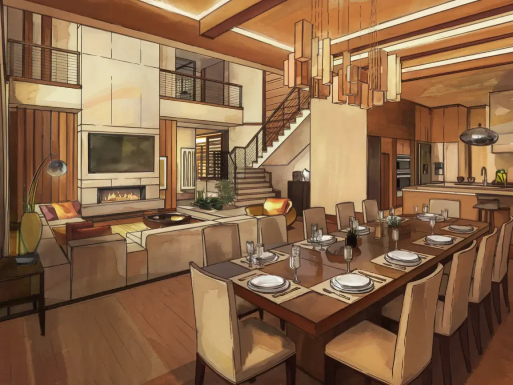 Spacious modern dining and living area, suitable for contemporary homes, featuring wooden decor, staircase, and elegant hanging lights.