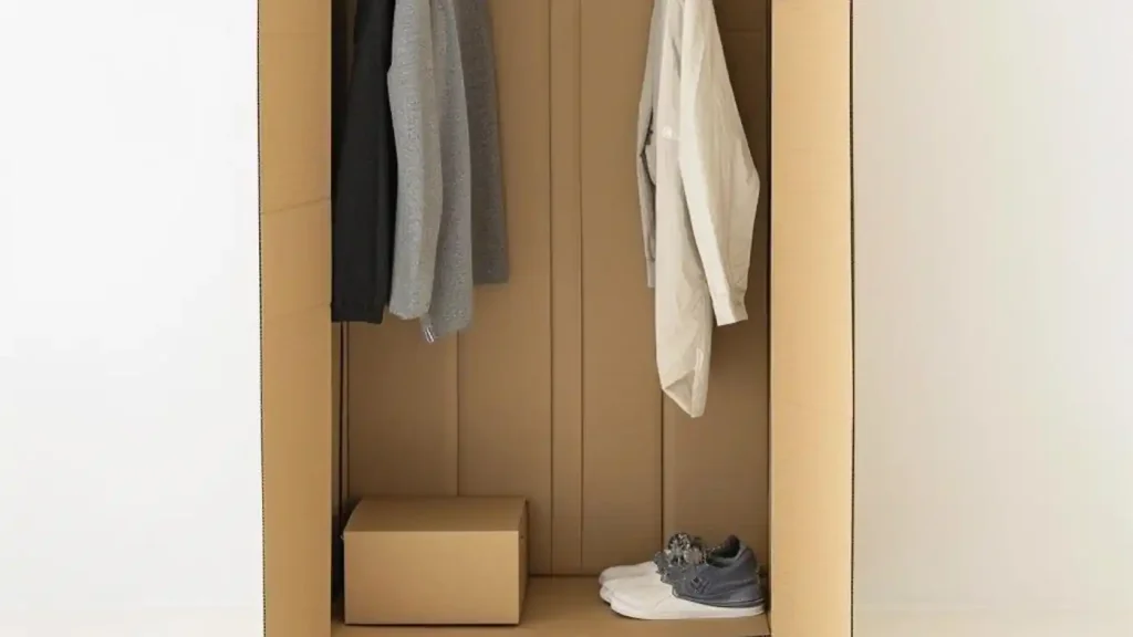 A minimalist wardrobe with two shirts hanging and a pair of shoes next to a closed cardboard box from a furniture rental service, all against a plain background.