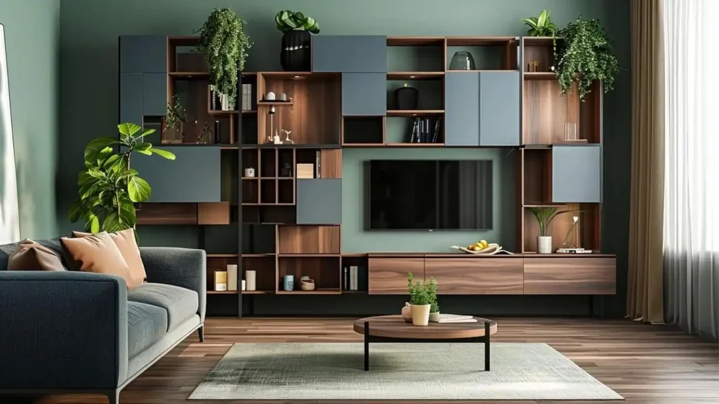 Modern living room featuring a large, blue and wood modular shelving unit with plants, rent furniture like a grey sofa, a wooden coffee table, and a green rug.