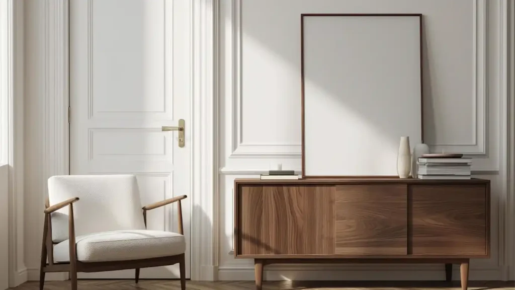 A MCM living room featuring a wooden cabinet with books, a framed blank canvas, and a modern armchair from the best place to rent furniture in a sunlit corner.