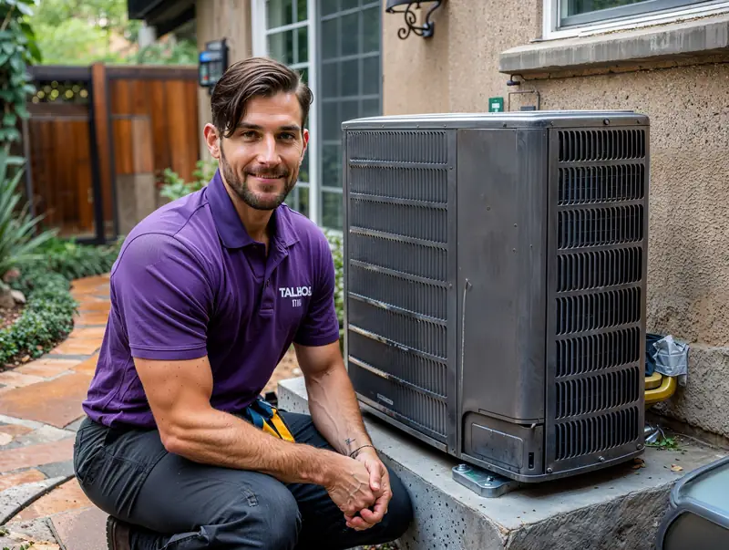 Man in a purple shirt kneeling next to a large outdoor *heat pump*, smiling at the camera.