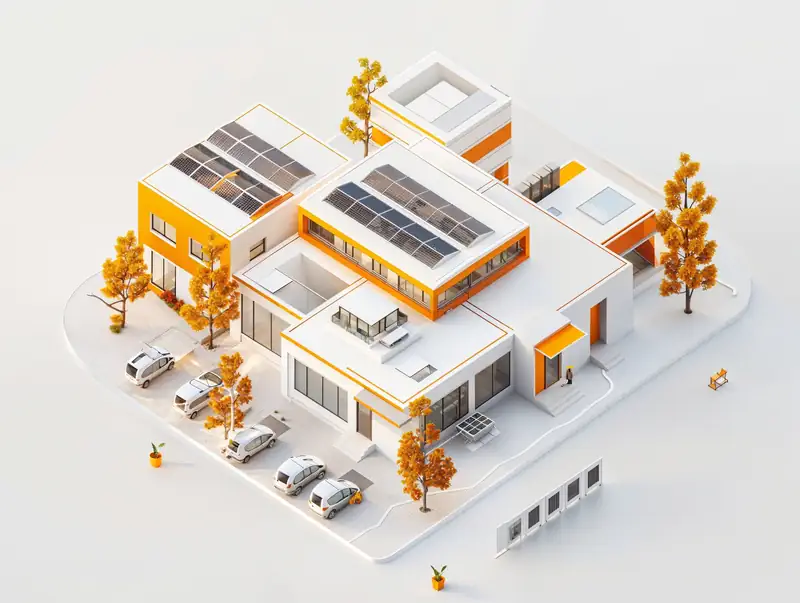 A 3d illustration of a modern, sustainable campus with orange buildings, heat pumps, electric cars, and autumn trees.
