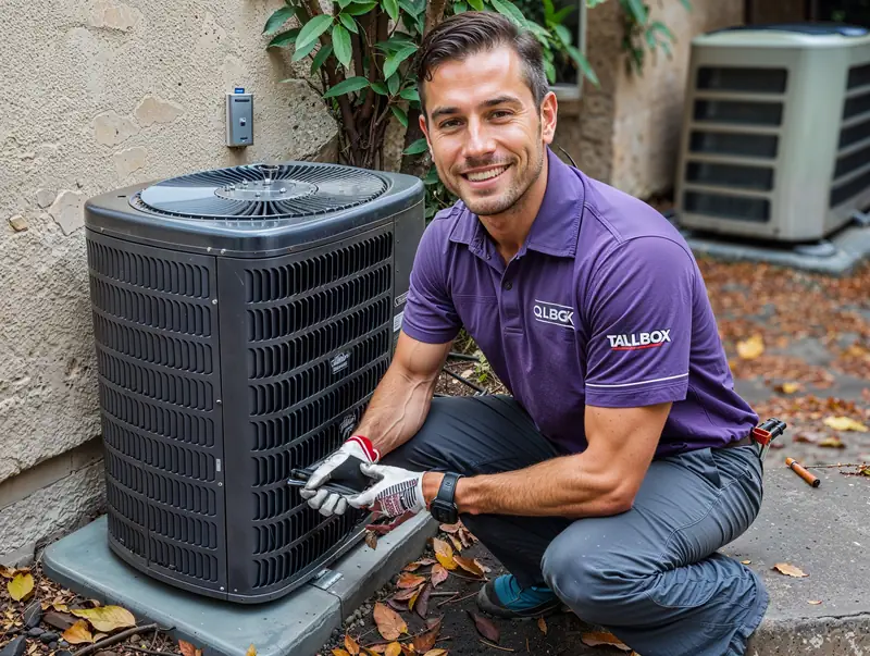 A technician in a purple shirt and gray pants smiling at the camera while servicing an outdoor air conditioning unit that utilizes solar energy.