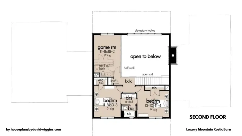 Second floor example of luxury barn home floor plan