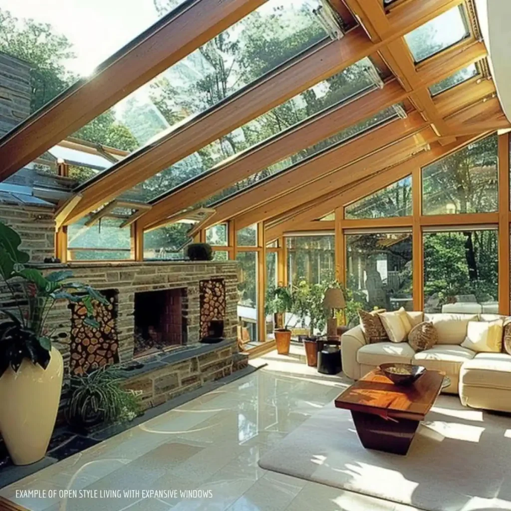 A barn home with a fireplace and a couch.