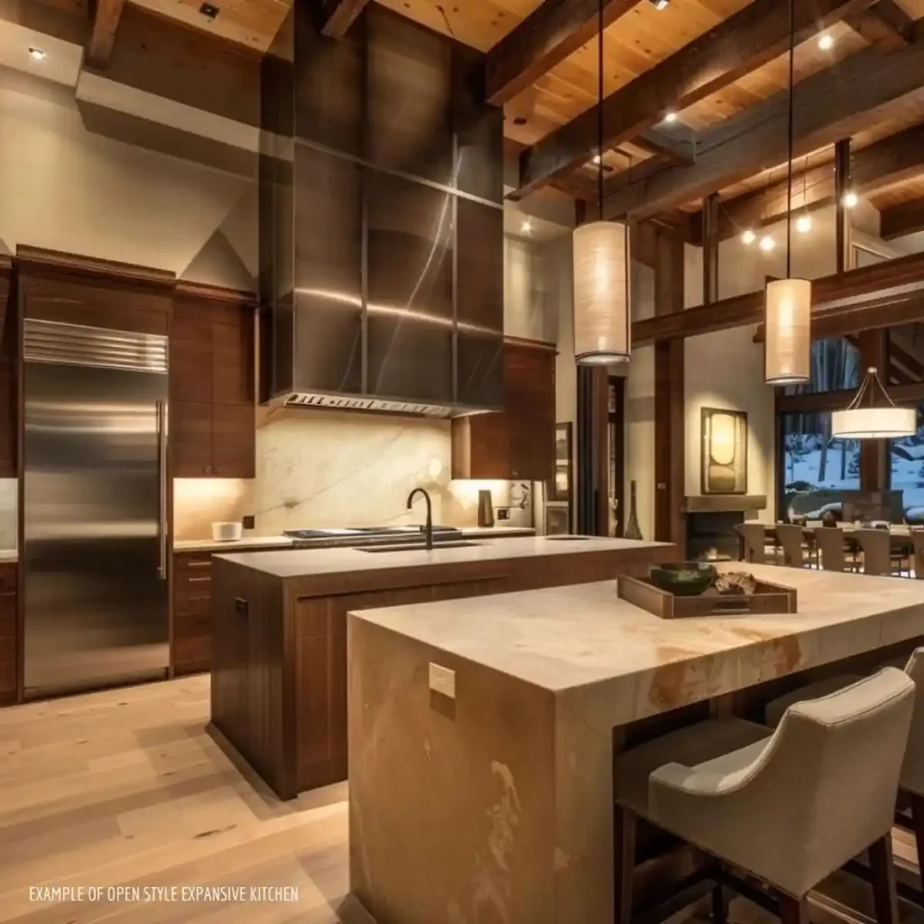 Luxury kitchen with wood finishes in a luxury barn home, featuring an island, stainless steel appliances, and pendant lights, in a spacious, open-plan setting.