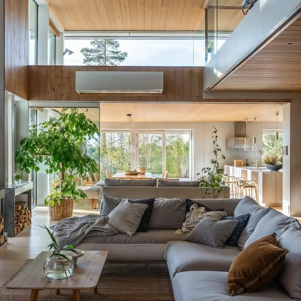 Modern living room designed by an interior designer for a modular home, featuring a large sectional sofa, wood ceilings, and ample natural light, along with indoor plants and a sleek kitchen in the background.