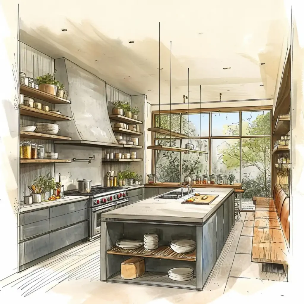 A modern kitchen with an island, open shelves, stainless steel appliances, and large windows allowing natural light. Featuring a sink, stove, various utensils and decor, this space is perfect for a quick kitchen makeover to refresh your home.