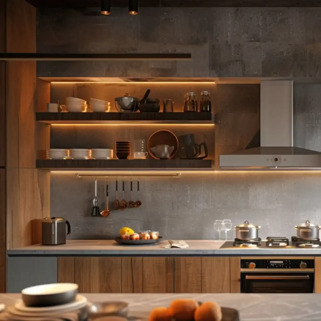A modern kitchen featuring wooden cabinets, open shelves with dishes, a countertop with fruit, a stove, and various kitchen appliances. Warm lighting enhances the cozy atmosphere—perfect for a quick kitchen makeover.