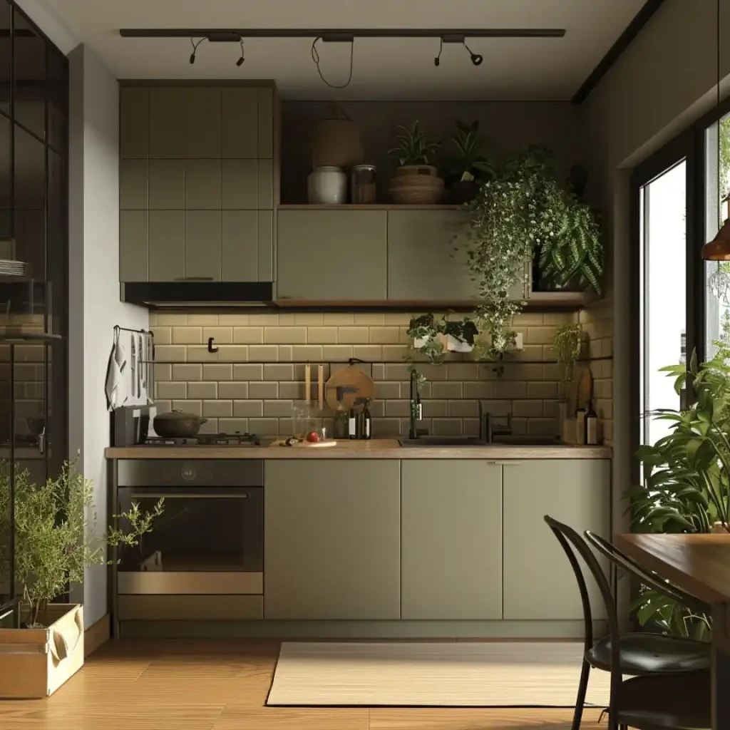 A modern kitchen with green cabinets, a wooden countertop, and plants on shelves. There's an oven, sink, and utensils hanging on the wall next to a large window with black framing—truly showcasing what a quick kitchen makeover can achieve.