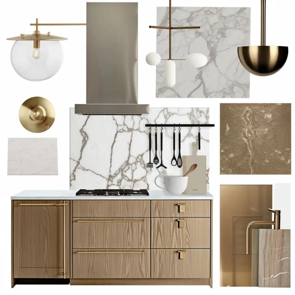 A quick kitchen makeover mood board featuring marble countertops, brass hardware, wooden cabinets, modern light fixtures, a stainless steel hood, and various kitchen utensils.